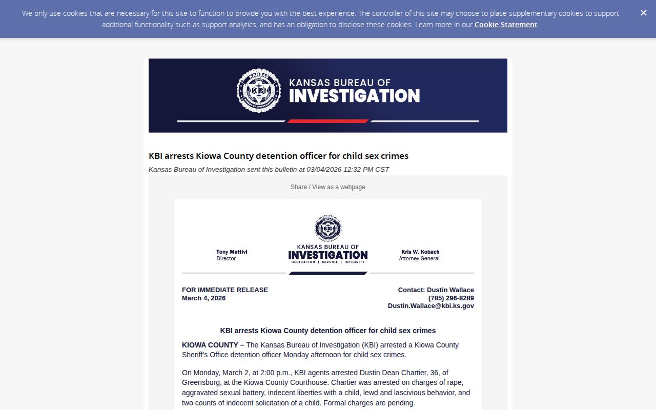 Official KBI Kiowa County arrest news release and innocence notice