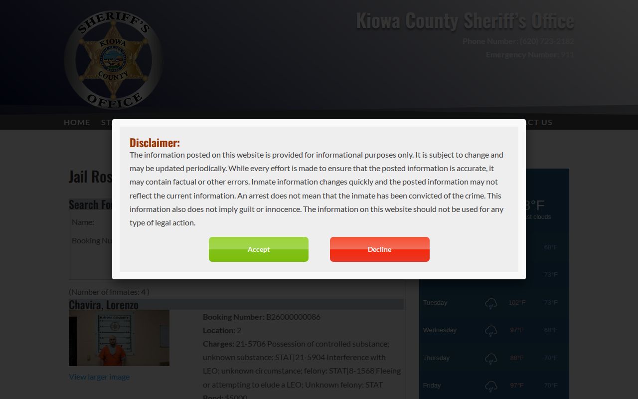 Official Kiowa County jail roster and booking photo search