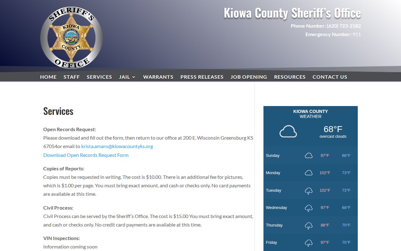 Kiowa County sheriff booking record and photograph fees