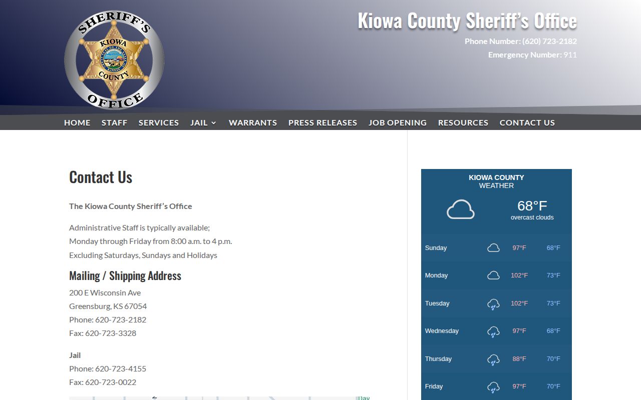 Kiowa County Sheriff contact page for warrant record confirmation