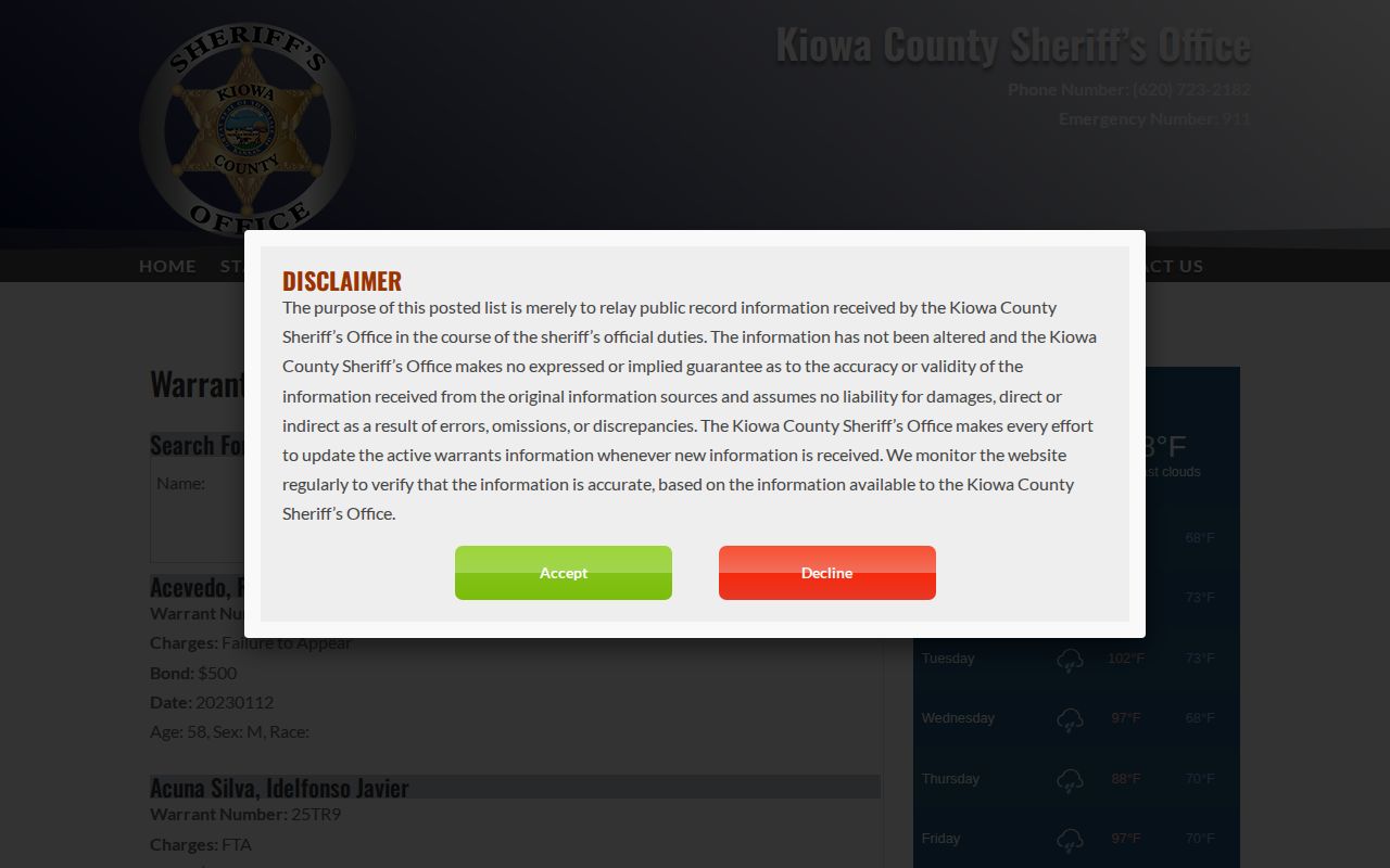 Kiowa County sheriff active warrant record search interface