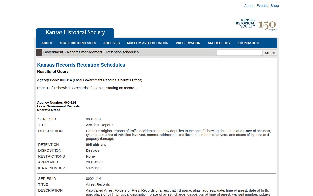 Kansas retention schedule for old Kiowa County mugshots